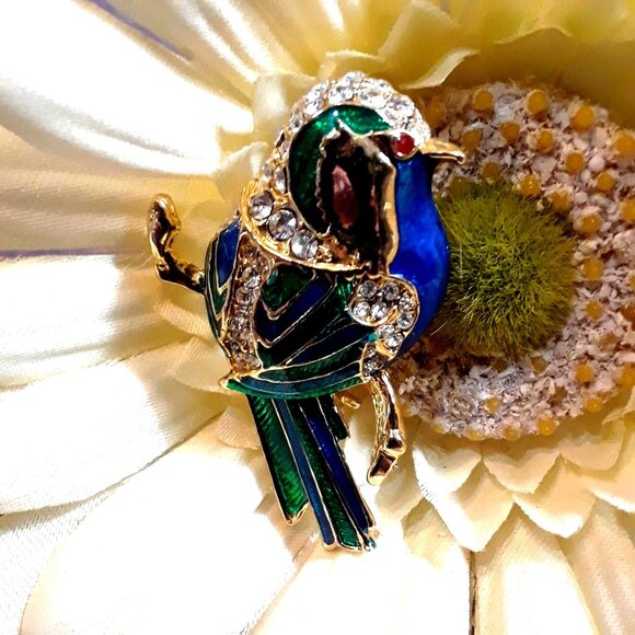Vintage Enameled Bird Brooch Avon Rhinestones Blue - Picture 1 of 5